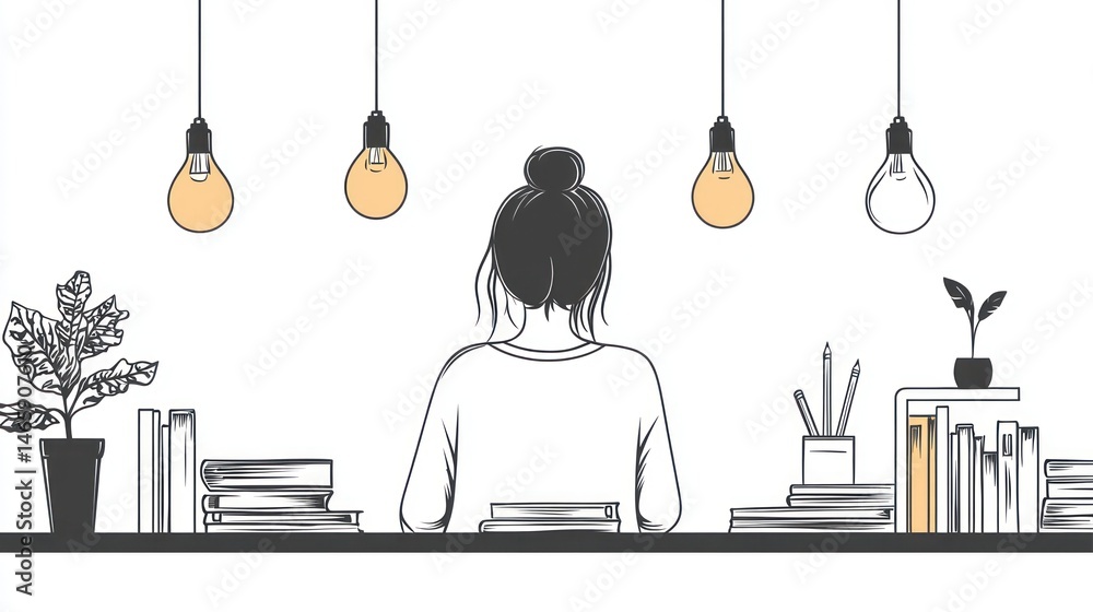 Woman studying at desk with lights, books, and plants