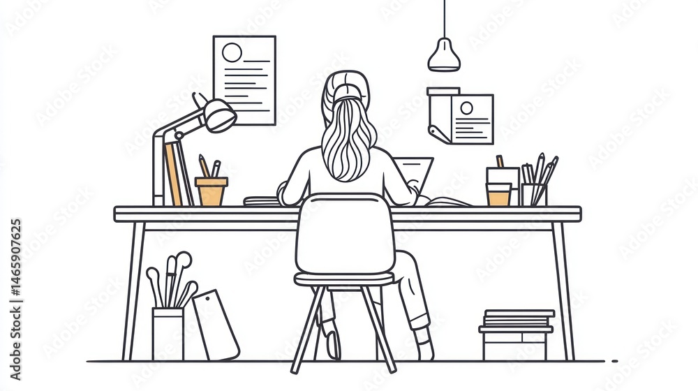 Woman working at desk, focused on laptop, home office