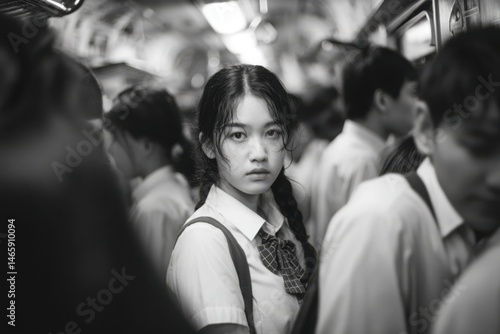 Sad Asian Schoolgirl on Crowded Subway Train. School Uniform, Braids, Commute Stress, Urban Life, Monochrome Photography.