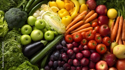 Colorful fresh fruits and vegetables arranged in vibrant circular composition under soft natural window light, emphasizing organic textures, healthy food choices, and artistic seasonal abundance