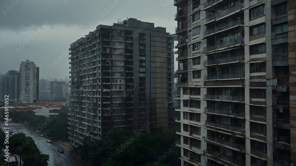 Urban Rainstorm: High-Rise Apartments Under a Cloudy Sky Urban Rainstorm: High-Rise Apartments Under a Cloudy Sky