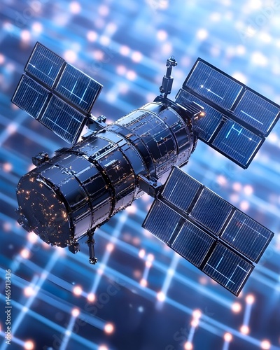 A sleek, cylindrical satellite with expansive solar panels, set against a backdrop of a glowing digital network
