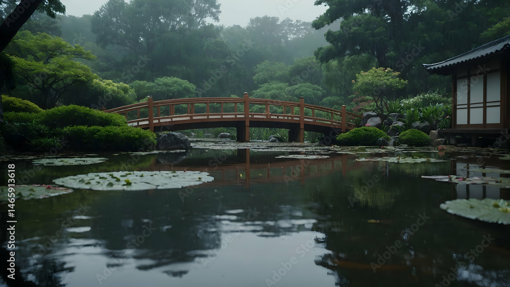 Fototapeta premium Tranquil Japanese Garden Bridge in the Rain