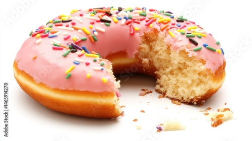 Pink glazed donut with a bite taken out