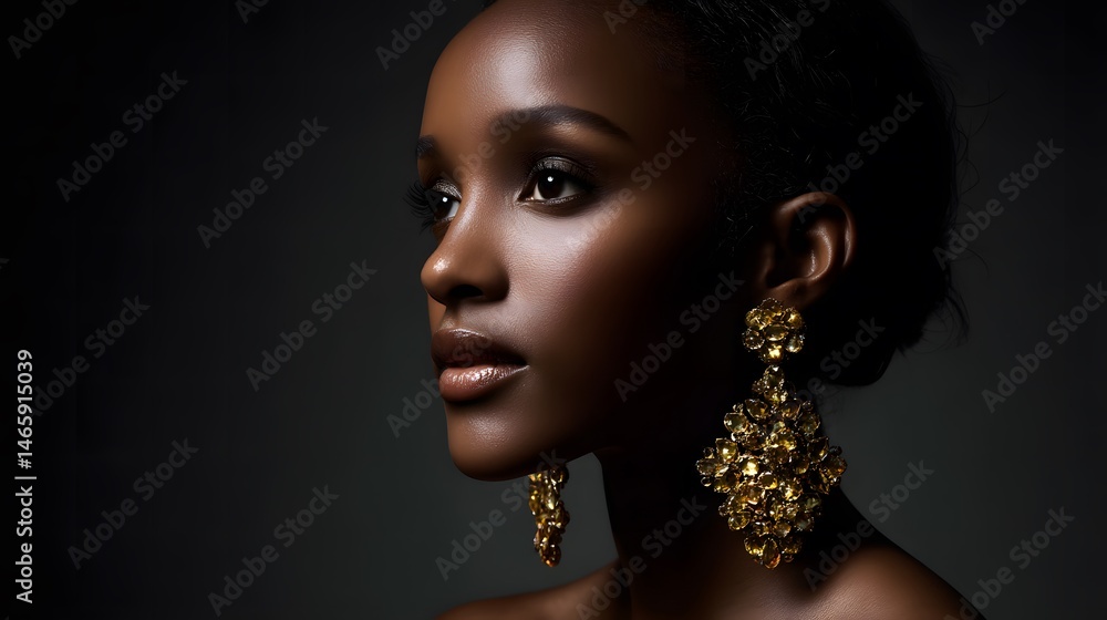 Elegant portrait of a poised Black woman with sculptural gold earrings, softly lit to emphasize high cheekbones and refined features, set against a dark muted background with shallow depth of field
