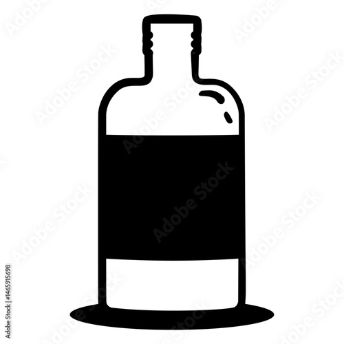 Bottle of liquor is shown in a black and white drawing. The bottle is empty and has a label on it