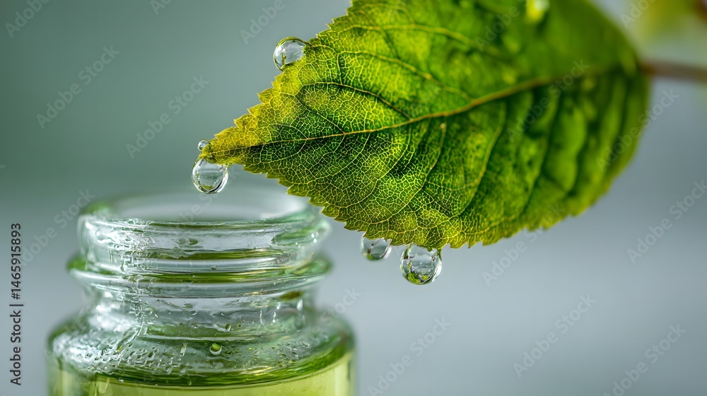 Fresh green leaf with crystal-clear water droplets falling into a transparent glass bottle, illuminated by soft natural light, symbolizing purity, hydration, wellness, and organic eco-conscious living