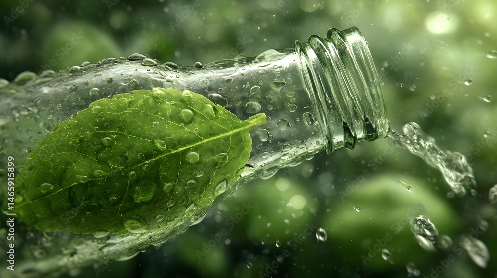 Fresh green leaf with crystal-clear water droplets falling into a transparent glass bottle, illuminated by soft natural light, symbolizing purity, hydration, wellness, and organic eco-conscious living