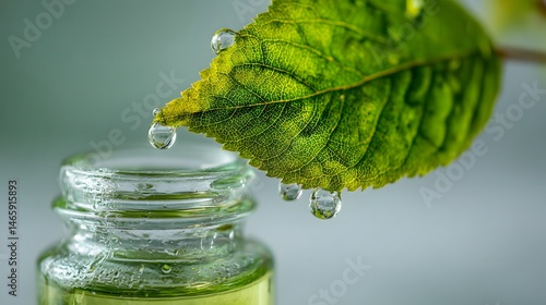 Obraz na płótnie Fresh green leaf with crystal-clear water droplets falling into a transparent glass bottle, illuminated by soft natural light, symbolizing purity, hydration, wellness, and organic eco-conscious living w salonie