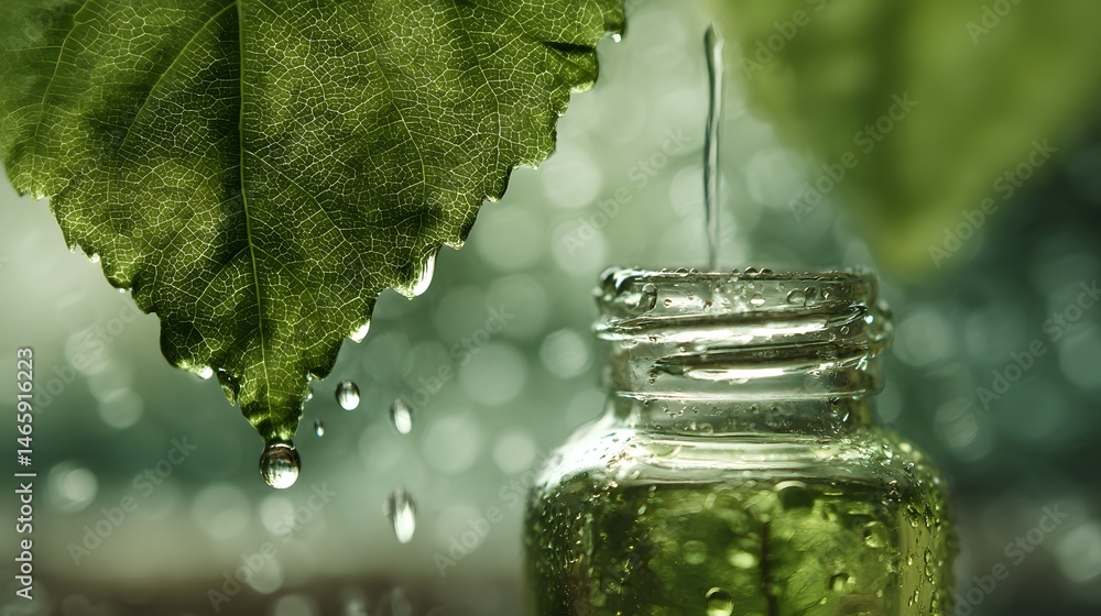 Fresh green leaf with crystal-clear water droplets falling into a transparent glass bottle, illuminated by soft natural light, symbolizing purity, hydration, wellness, and organic eco-conscious living