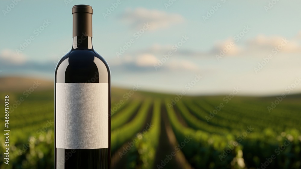 Fototapeta premium A bottle of wine with a blank label is displayed in front of a lush vineyard under a clear sky.