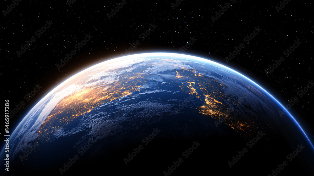 Fototapeta premium Blue planet Earth glows with city lights visible from space against a backdrop of stars above.