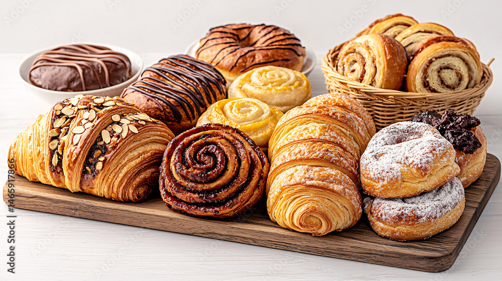 Fototapeta premium An assortment of fresh baked pastries are displayed on a rustic wooden board for breakfast.