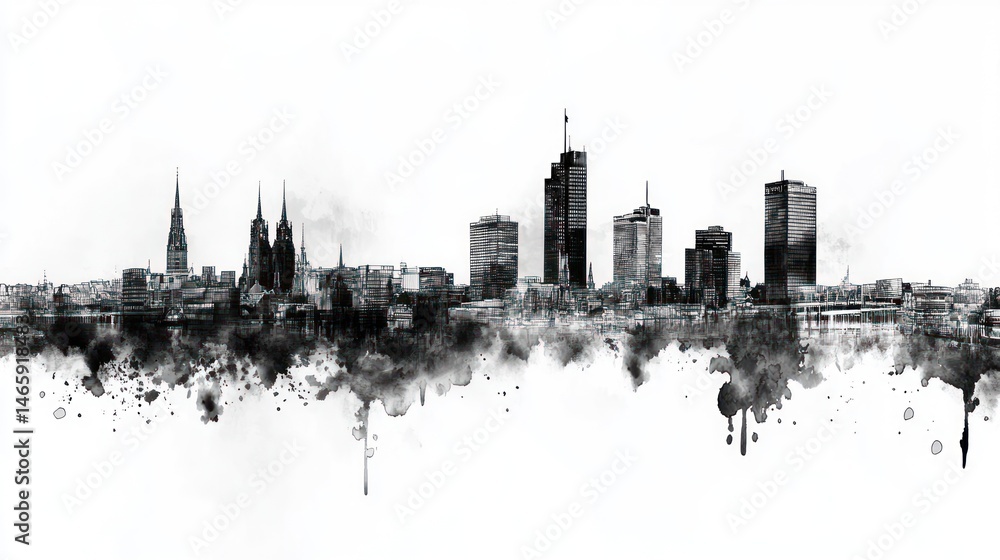 Naklejka premium Warsaw Skyline: A Monochromatic Watercolor Cityscape