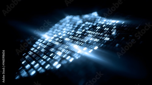 Futuristic abstract digital shield with glowing binary code patterns symbolizing cybersecurity and data protection, rendered in cool blue and silver tones under neon ambient lighting for modern tech