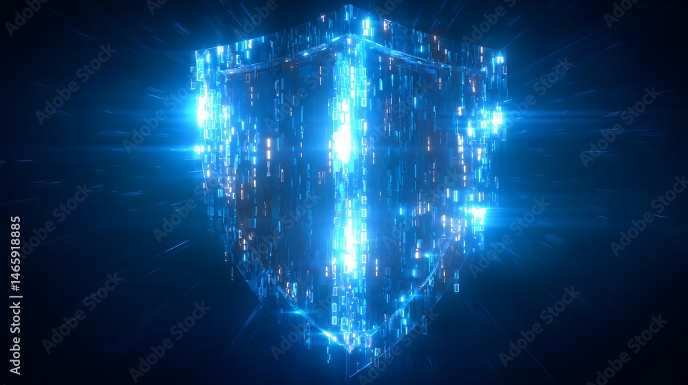 Futuristic abstract digital shield with glowing binary code patterns symbolizing cybersecurity and data protection, rendered in cool blue and silver tones under neon ambient lighting for modern tech