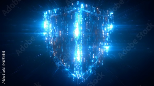 Obraz na płótnie Futuristic abstract digital shield with glowing binary code patterns symbolizing cybersecurity and data protection, rendered in cool blue and silver tones under neon ambient lighting for modern tech w salonie