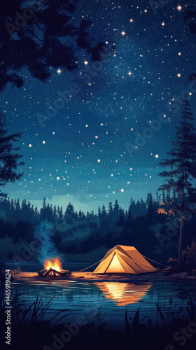 Wallpaper Mural A campsite with a tent and a fire. The night sky is filled with stars. The scene is peaceful and serene Torontodigital.ca