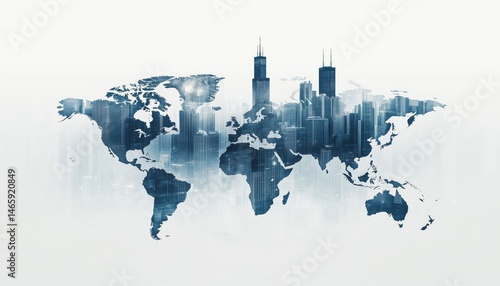 Wallpaper Mural Chicago Cityscape Transforming Into A Futuristic Digital Hologram World Map With Interconnected Lines, Showcasing Globalization Effect With Multiexposure Technique. Torontodigital.ca