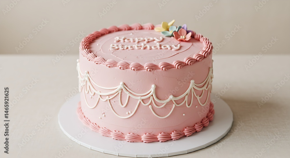 Soft pink birthday cake with delicate piping on a neutral background Soft pink birthday cake with delicate piping on a neutral background