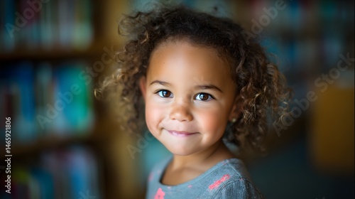Smiling child with warm expression in head and shoulders portrait, sitting in cozy library setting with softly focused bookshelf background and gentle window lighting, captured soft detail