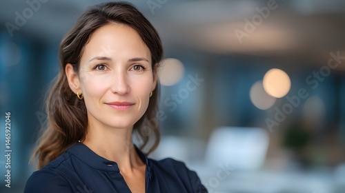 Confident business professional with focused expression in formal attire, head and shoulders portrait using soft left studio lighting, set against blurred corporate office background for leadership