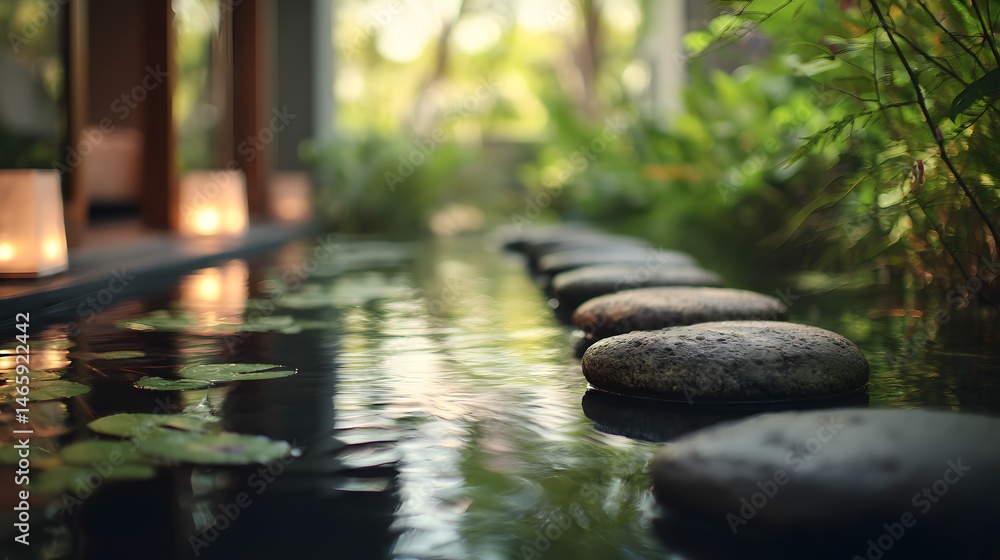 Tranquil spa ambiance featuring foot-shaped stones arranged in shallow water with soft ambient glow, surrounded by blurred natural elements, evoking calm, wellness, and peaceful retreat mood