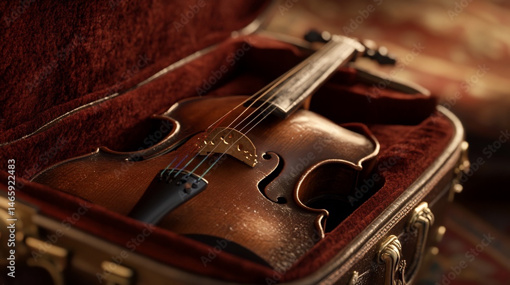 Obraz premium Close-up of a vintage violin resting in its case with soft velvet lining showcasing its craftsmanship