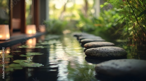 Tranquil spa ambiance featuring foot-shaped stones arranged in shallow water with soft ambient glow, surrounded by blurred natural elements, evoking calm, wellness, and peaceful retreat mood