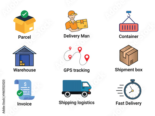 Delivery and Logistics Icons Set - Parcel, Shipping, Tracking, and Warehouse Vector
