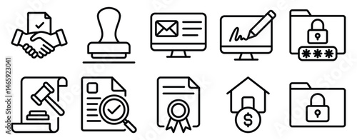 Contracts Icon Set Line Style Collection representing legal agreements and formal documentation suitable for business deals legal services and administrative processes