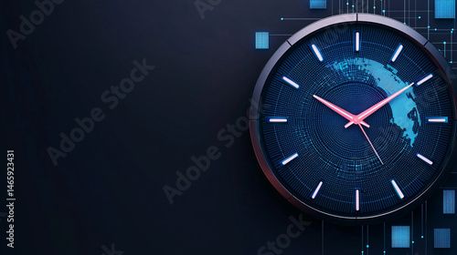 Wallpaper Mural An elegant clock displays time with a digital earth projection on a dark blue background scene. Torontodigital.ca