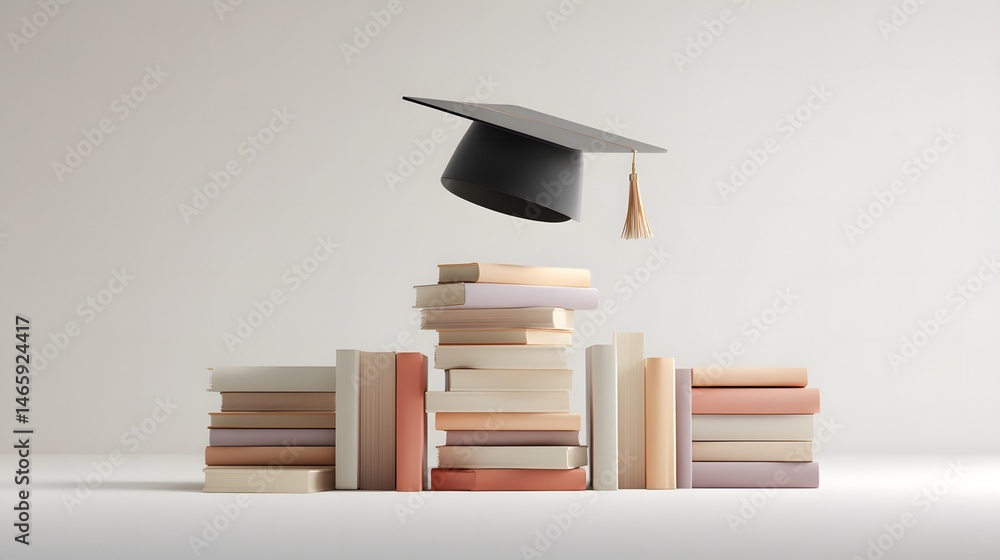Minimalist conceptual composition showing a graduation cap levitating above stacked books of different heights, symbolizing educational achievement, learning progress, academic success, and knowledge