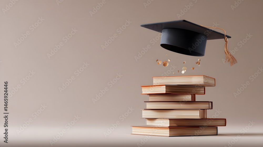 Minimalist conceptual composition showing a graduation cap levitating above stacked books of different heights, symbolizing educational achievement, learning progress, academic success, and knowledge