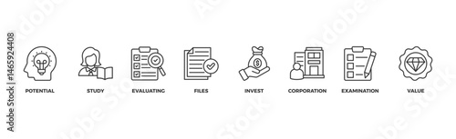 Due diligence banner web icon illustration concept with icon of potential, study, evaluating, files, invest, corporation, examination and value