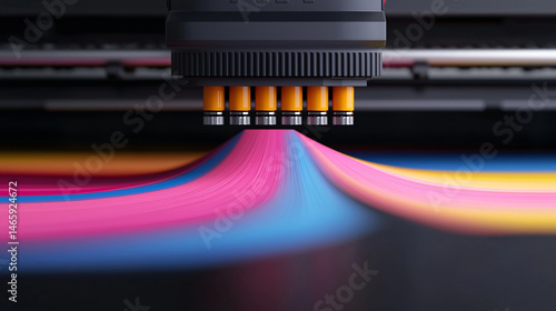 The inkjet printer is dispensing colored ink which mixes to create a stunning gradient pattern.