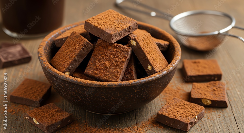 Chocolate Squares in Bowl with Cocoa Powder