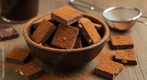Chocolate Squares in Bowl with Cocoa Powder