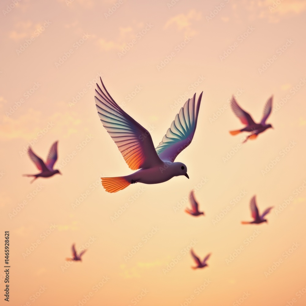Obraz premium A flock of birds with colorful wings flying gracefully against a warm sunset sky.