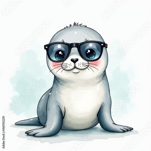 A cute cartoon seal with large eyes and black glasses, sitting and smiling on a light background.