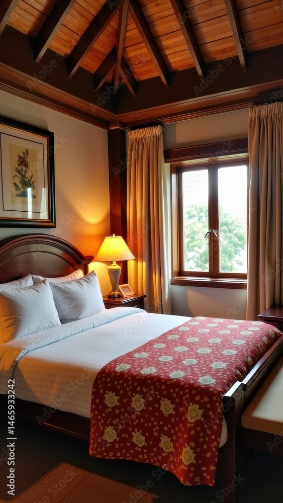 Obraz premium A cozy, well-lit bedroom with wooden ceiling, large window, double bed, framed art, and warm decor.