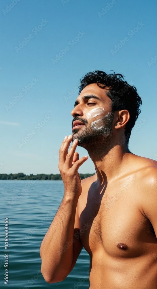 Fototapeta premium Man applying sunscreen on face outdoors for skin protection and sun care routine near lake water