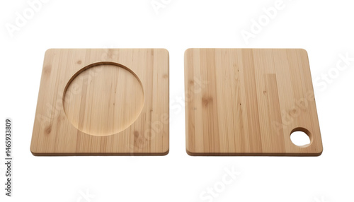 Minimalist wooden cutting boards with circular cutout and rectangular notch on white surface