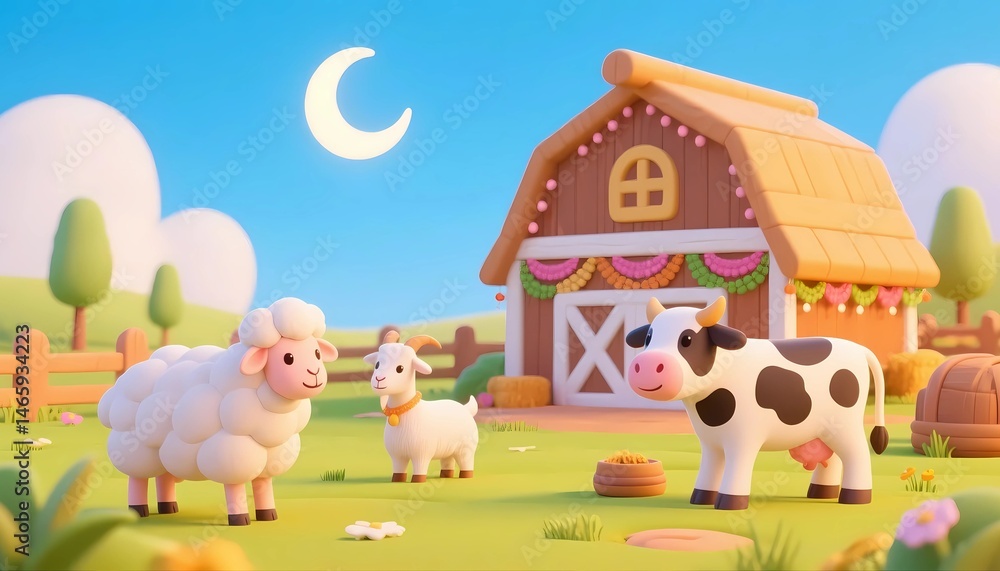 Cute Cartoon Sheep and Eid Lanterns in Green Meadow Cute Cartoon Sheep and Eid Lanterns in Green Meadow