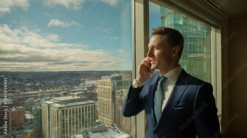 Businessman Engaged in Phone Conversation While Overlooking Urban Cityscape from Office Window Businessman Engaged in Phone Conversation While Overlooking Urban Cityscape from Office Window