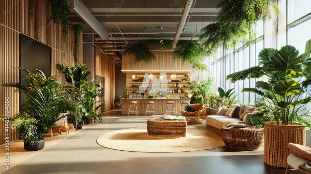 Fototapeta premium Modern, spacious interior design with lush greenery.