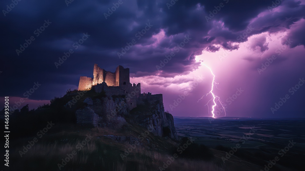 Obraz premium Dramatic lightning strike over landscape at night