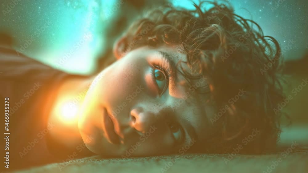 Close-Up Portrait of a Dreamy Boy Lying on the Ground with Magical Light and Soft Colors Close-Up Portrait of a Dreamy Boy Lying on the Ground with Magical Light and Soft Colors