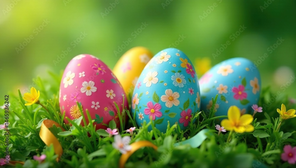 Naklejka premium Decorated eggs nestled in green grass with colorful ribbons , texture, festive