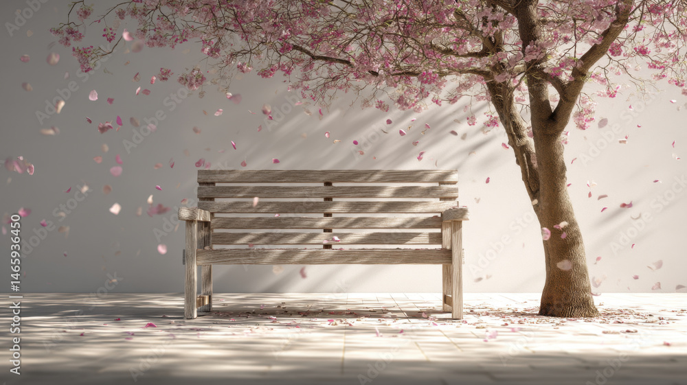 Wooden bench under cherry trees Wooden bench under cherry trees